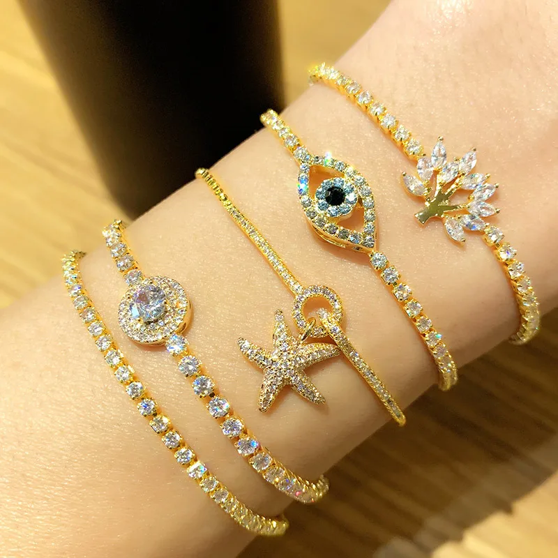 Luxury 18k gold plated blue eye starfish bracelet zircon turkish evil eye charm bracelet