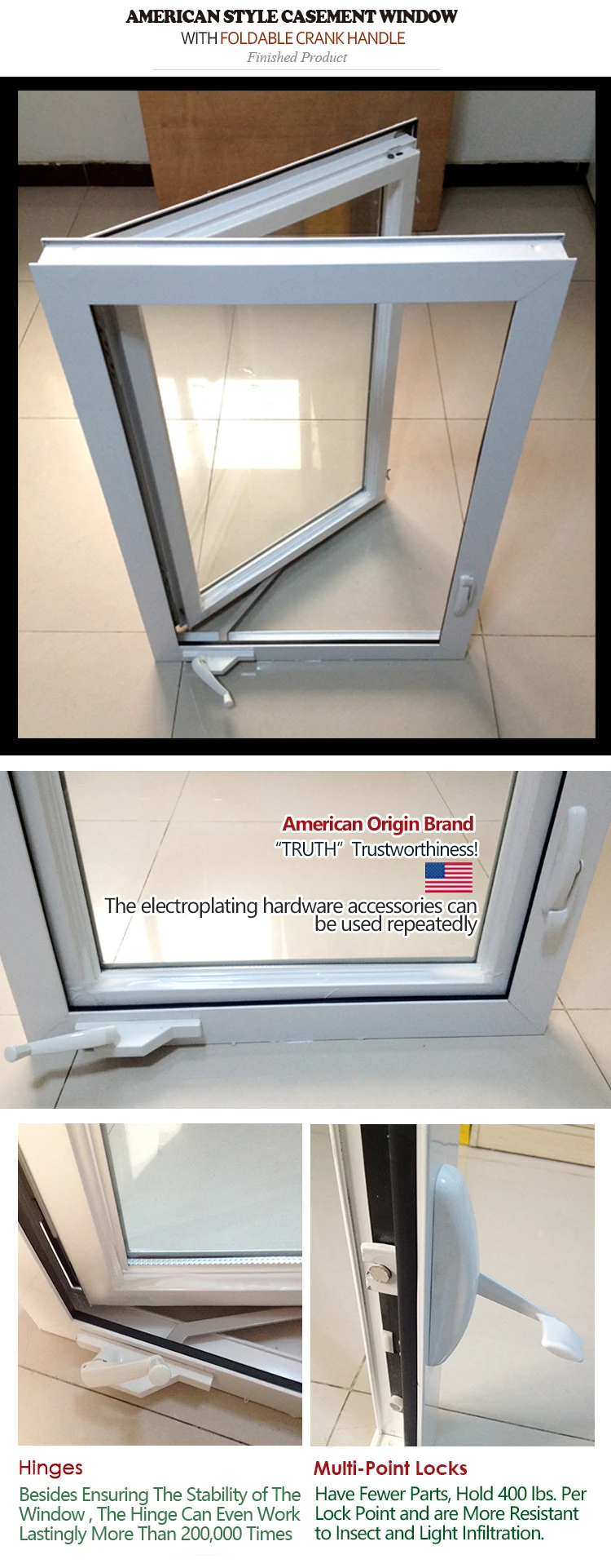 Chinese factory plastic crank handle window for balcony horizontal windows hand
