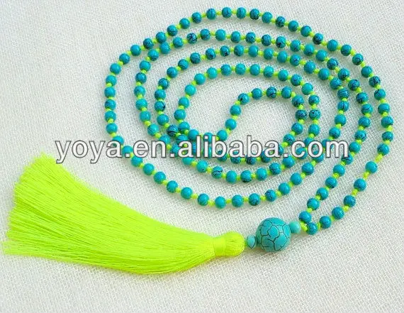 Wooden bead Mala necklace with turquoise stone beads and a pale turquoise tassel.jpg