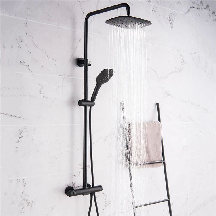 Black Rain Shower Head Thermostatic Bath Faucet Wall Mounted Shower Faucet Set