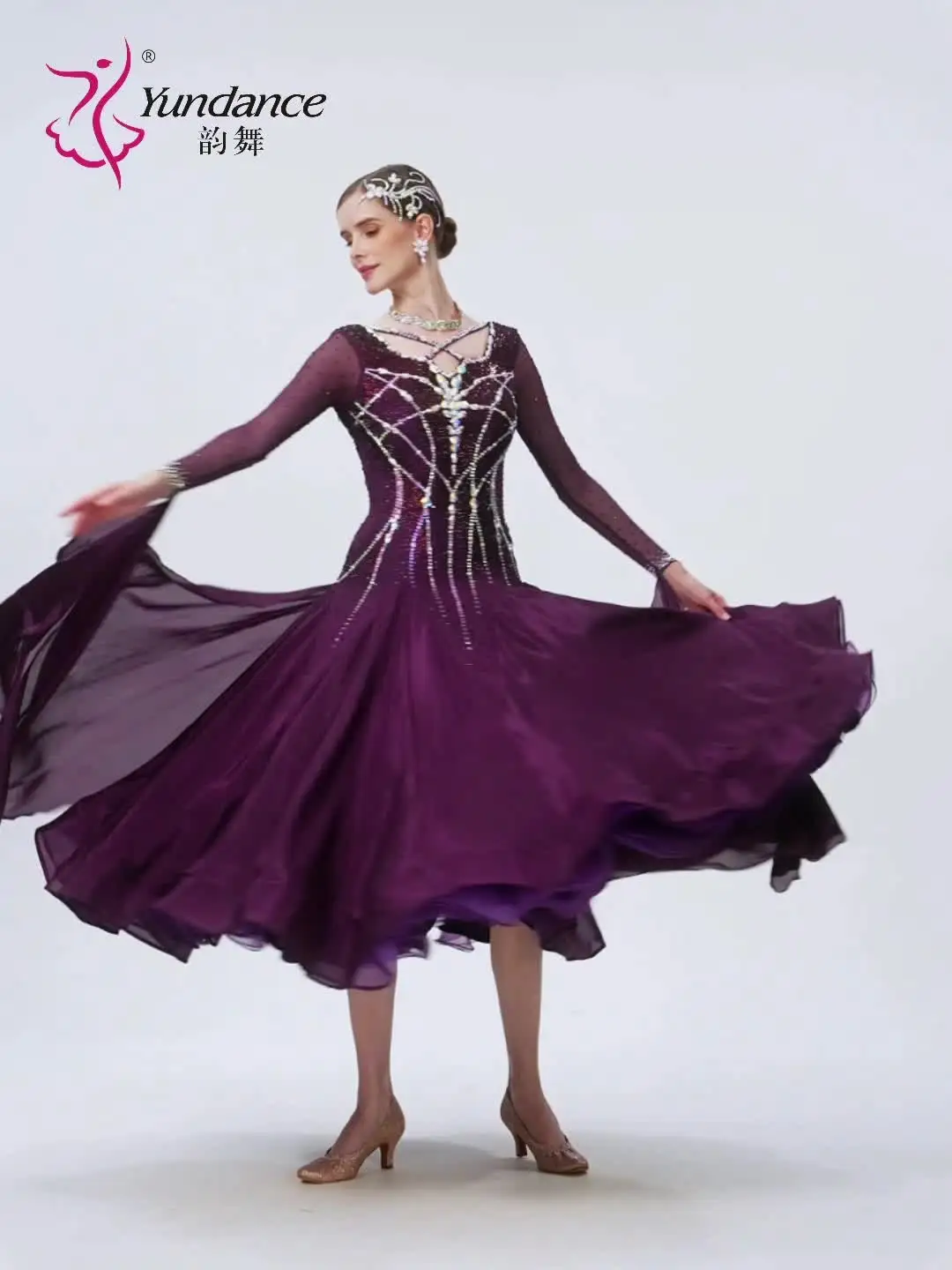 B-24159 Purple Satin Chiffon Ballroom Dance Dress High Quality New  Rhinestone Standard Performance Wear Long Ballroom