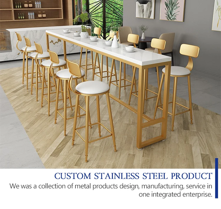 high end customized gold cocktail long bar table golden stainless steel marble top high counter bar table
