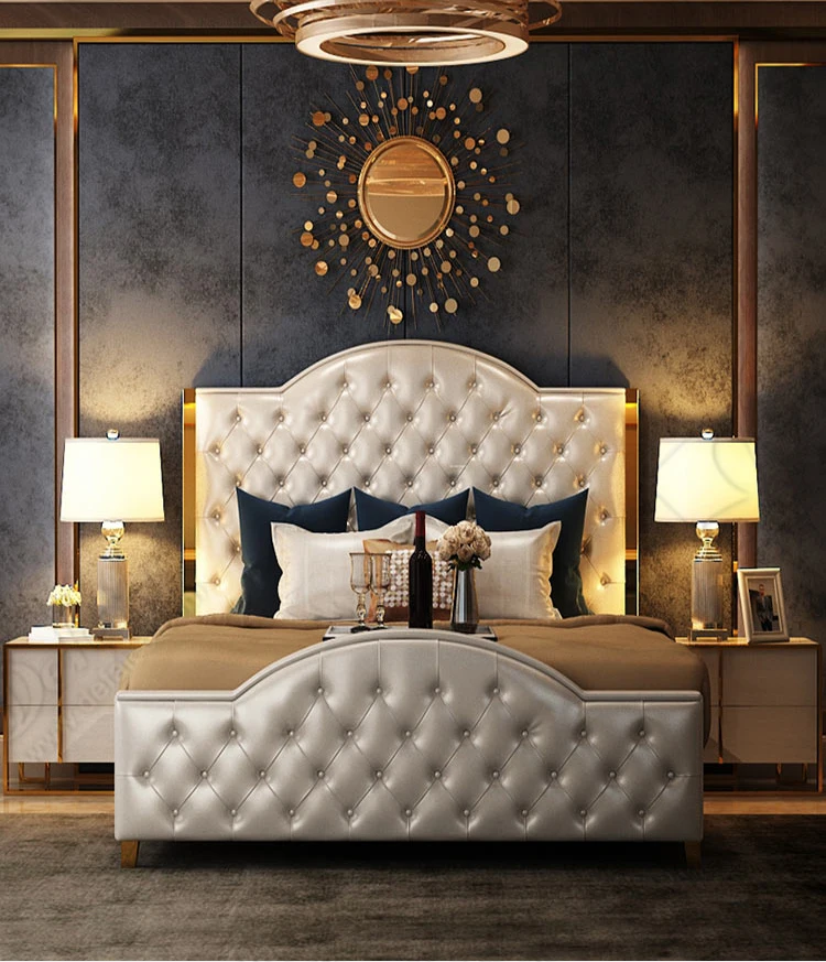 Modern Luxury Stainless Steel Edge White Genuine Leather Chesterfield Button Tufted King Size