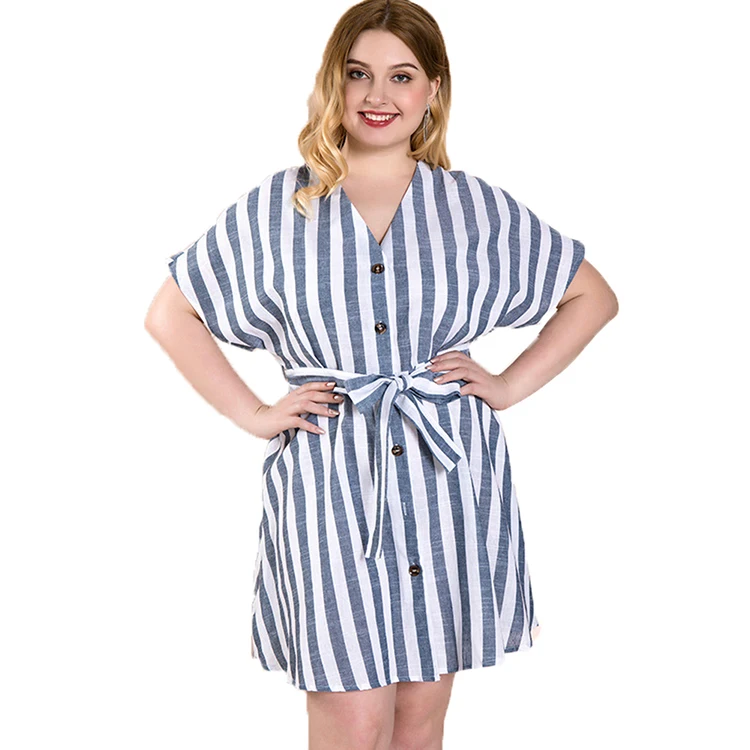 
Cotton And Linen Fabric Extreme Blue V-Neck Stripe Women Summer Casual Dress Plus Size Dress 