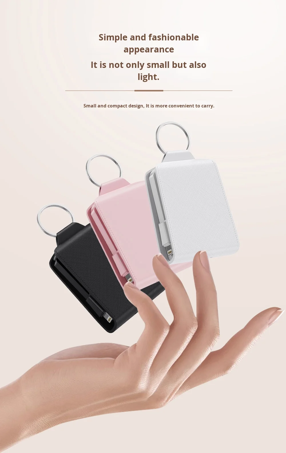 Mini Keychain Emergency Power Bank with 5V Output New Portable Mobile Handbag Leather Case Type-C Input Interface Built-in Cable