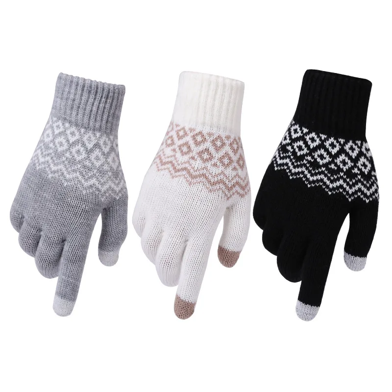 Ladies Mens Black Fairisle Touch Screen Smart Knitted Gloves Winter Warm Adults 