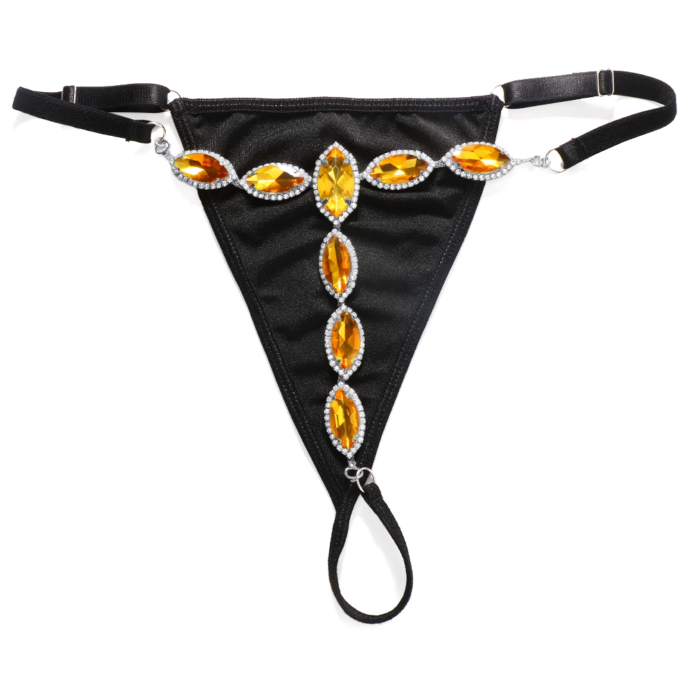 Sexy Yellow Rhinestone Leaf Shape Panties Trendy Pink Crystal Heart