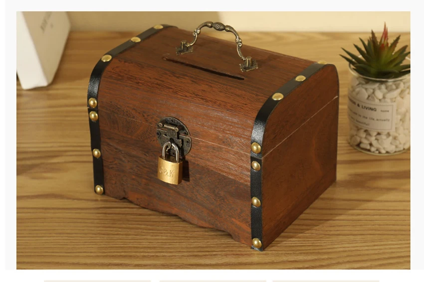 2020木制存钱罐安全钱箱储蓄木雕手工复古复古儿童现金硬币收纳盒礼品