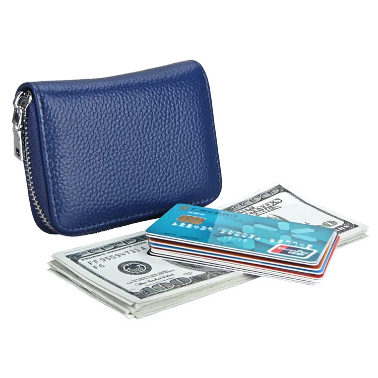 Genuine Leather Women Business Card Holder Wallet Zipper Bank Credit