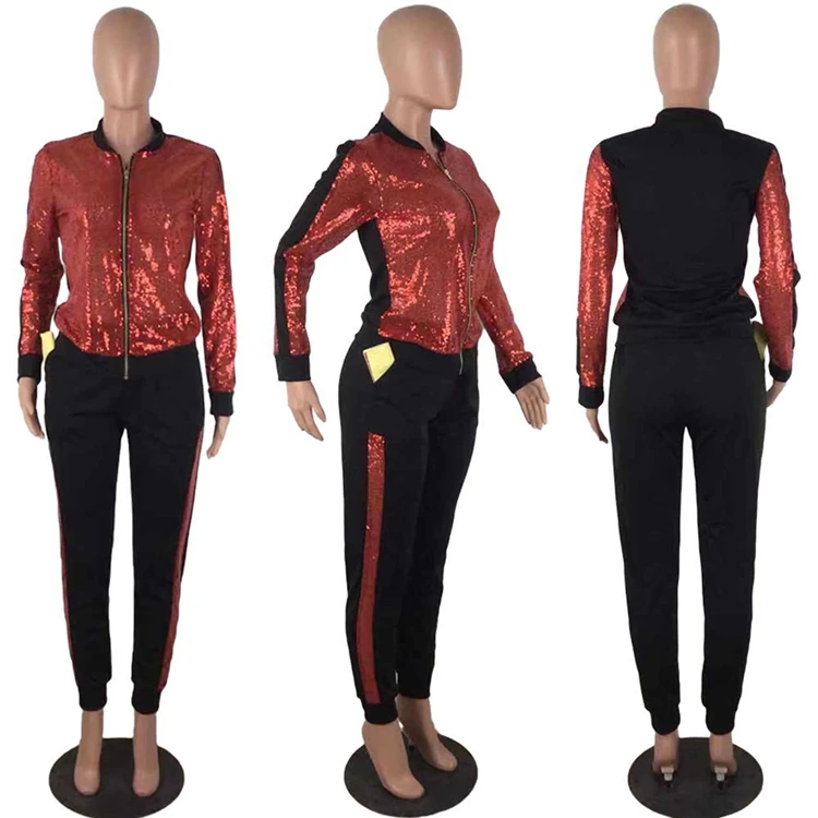 New Stylish Sparkling Zipper Tracksuit Fall 2021 Women Clothes Winter 2 Piece Set Two Piece Sets Womens Clothing