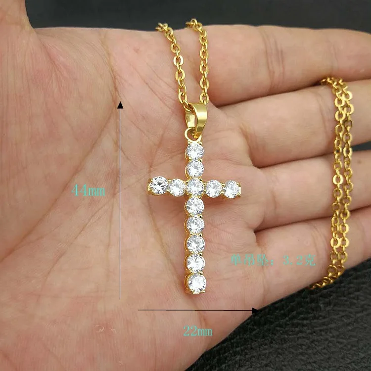 Gold Plated Stainless Steel Pendant CZ Crystal Diamond Cross Necklace Men