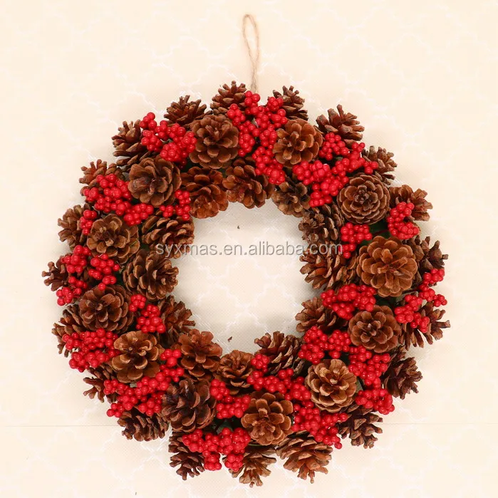 with white glitter  nature pine cone with white glitter with white metal bell 45cm out Dia pine wreath