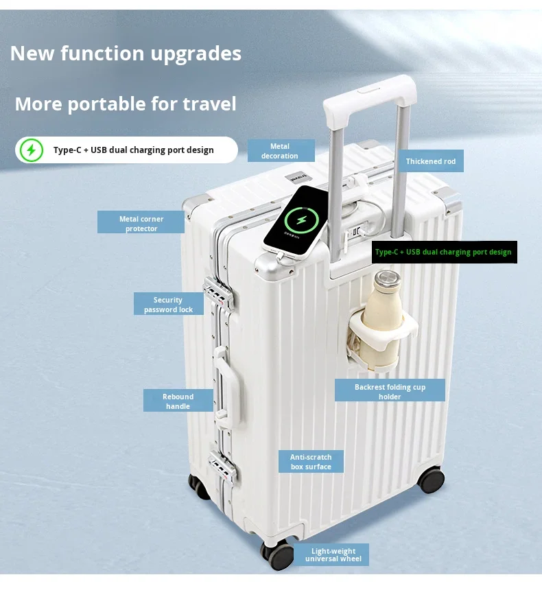 product 29 inch multifunctional pc trolley universal wheel spinner usb charging port aluminum frame new cup holder cartoon hard case-7
