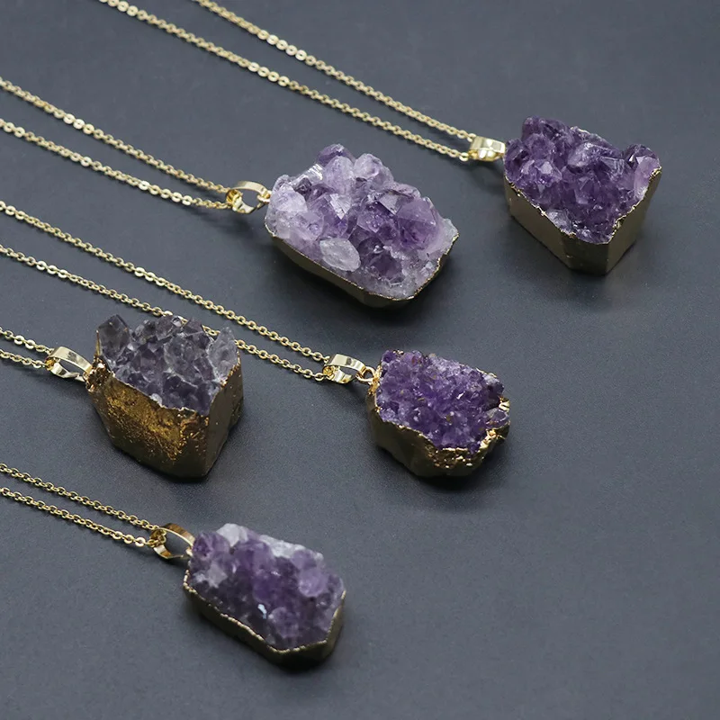 Personalized necklace amethyst raw stone pendant chain letter gold plated