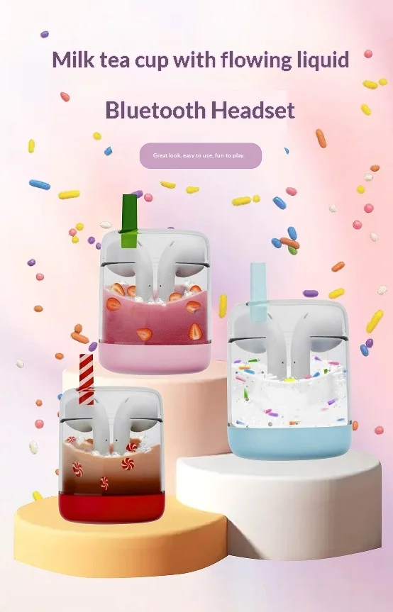 New Private Mold Transparent Oil Quicksand Milk Tea Cup Bluetooth Headset Breathing Light Christmas Candy Design Dual Source