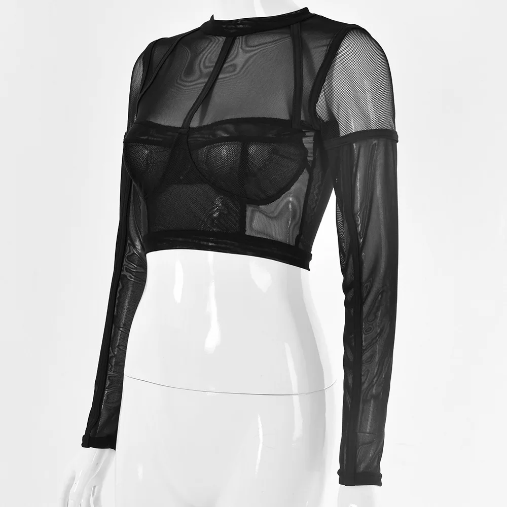 Sexy See Through Mesh Tops For Young Girl 2019 Autumn Women Long Sleeve New Fashion Black Club 7174