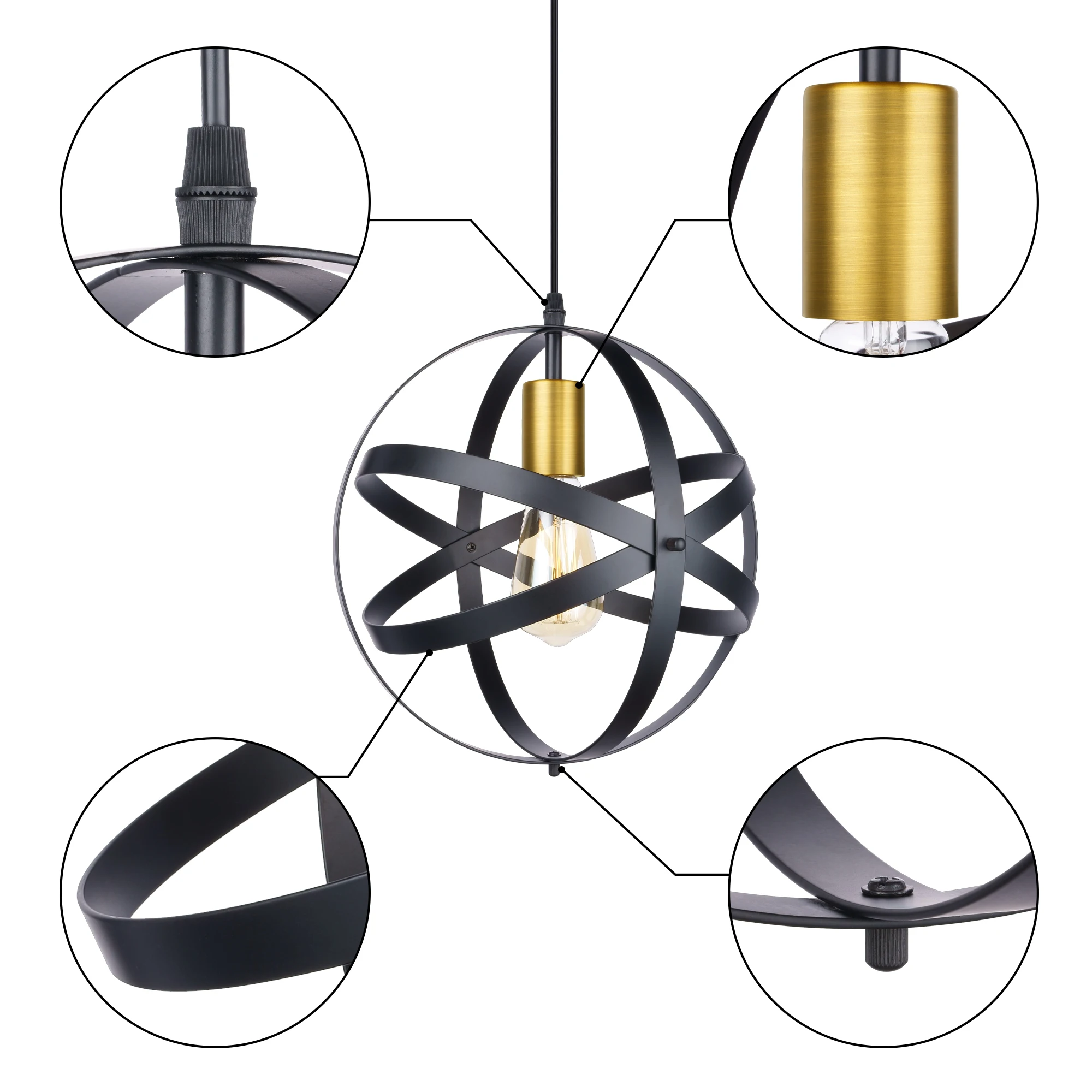 Industrial Metal Round Spherical Pendant Light Displays Changeable Hanging Lighting Fixture 