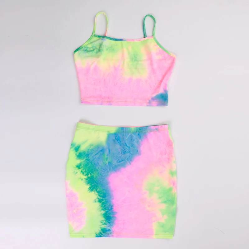 Wholesale two piece set women clothing crop top strap bodycon neon dye dress