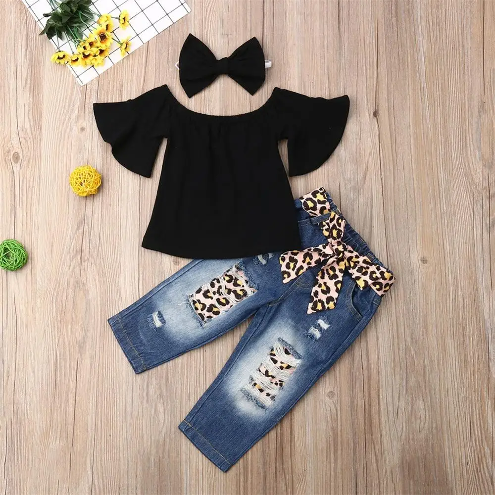 3Pcs Set Cute Baby Girls Clothes 2019 Summer Toddler Kids Tops+Leopard Denim Trousers Outfits Children Girl Clothing Set