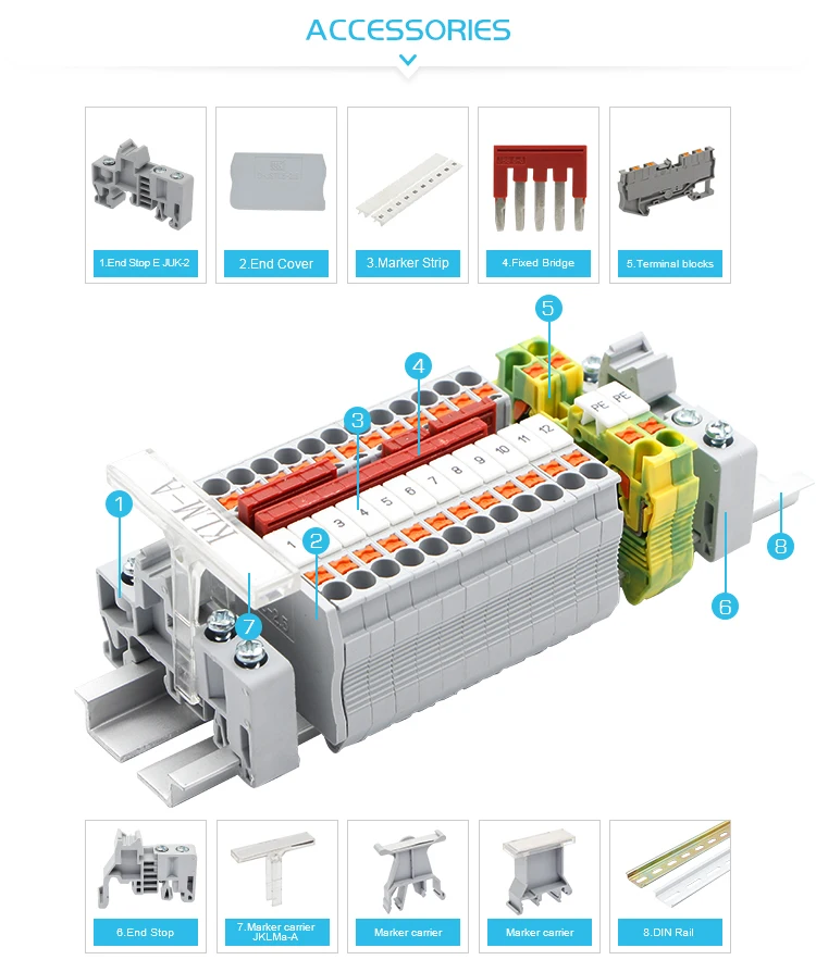 JPTTB 2.5 Feed Through DIN Rail plastic Brass Push in Connection Spring Terminal Blocks