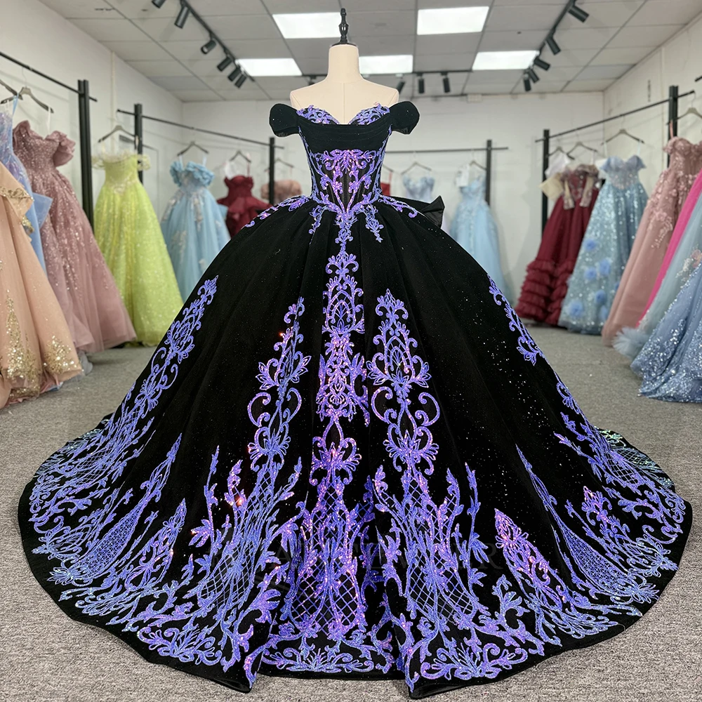 quinceanera dresses purple and black Off Shoulder Cape Quinceanera Dress by House of Wu 26079 00 / Lilac Multi
