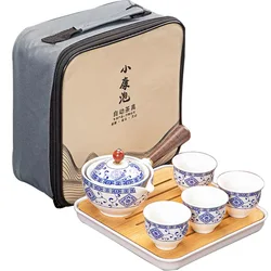 360 Degree Rotating Ceramic Teapot Lazy Teapot Tea Making Portable Travel Tea Set Household Blue And White Tea Set