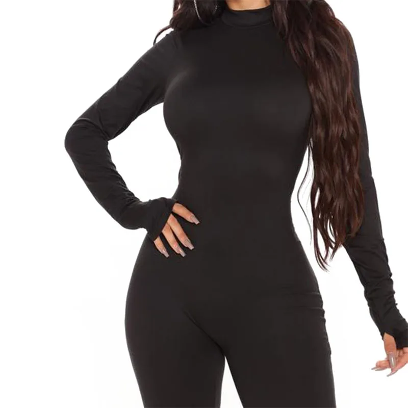 时装设计女式紧身衣安装长连体衣连体衣一件豹纹纯色连身长裤连体衣