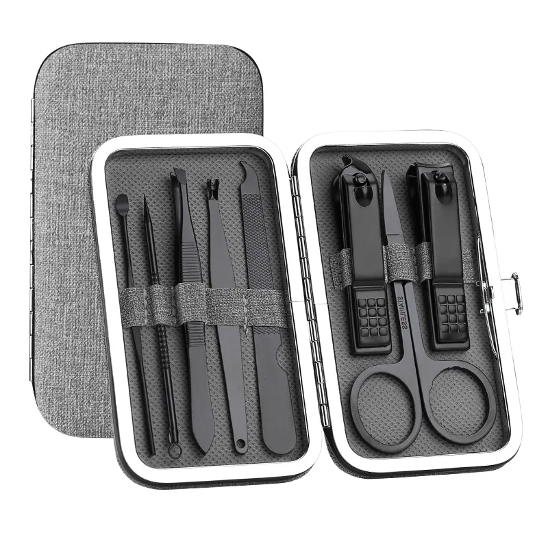 8Pcs/Set Stainless Steel Black Pedicure Scissor Tweezer Manicure Set Kit Nail Art Tools Multifunction Nail Clippers Set .jpg
