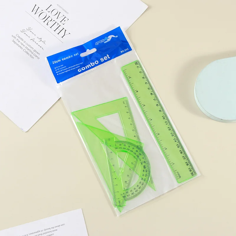 Student Exam Stationery Learning Supplies Four-Piece Plastic Ruler Set with Straight Triangle Measuring Board