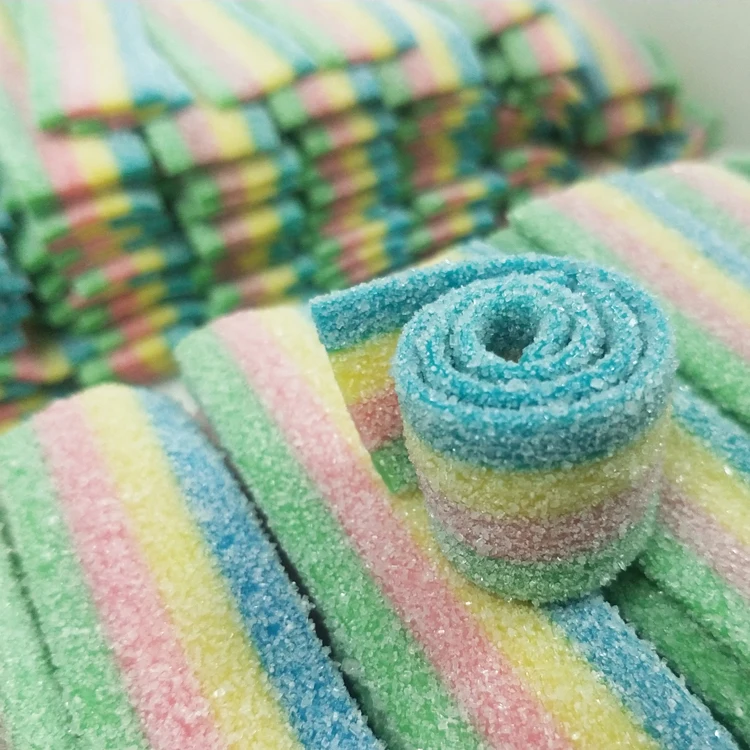 Sour Rolled Chewy Candy Strips Sour Fruit Flavor Rainbow Belt Soft