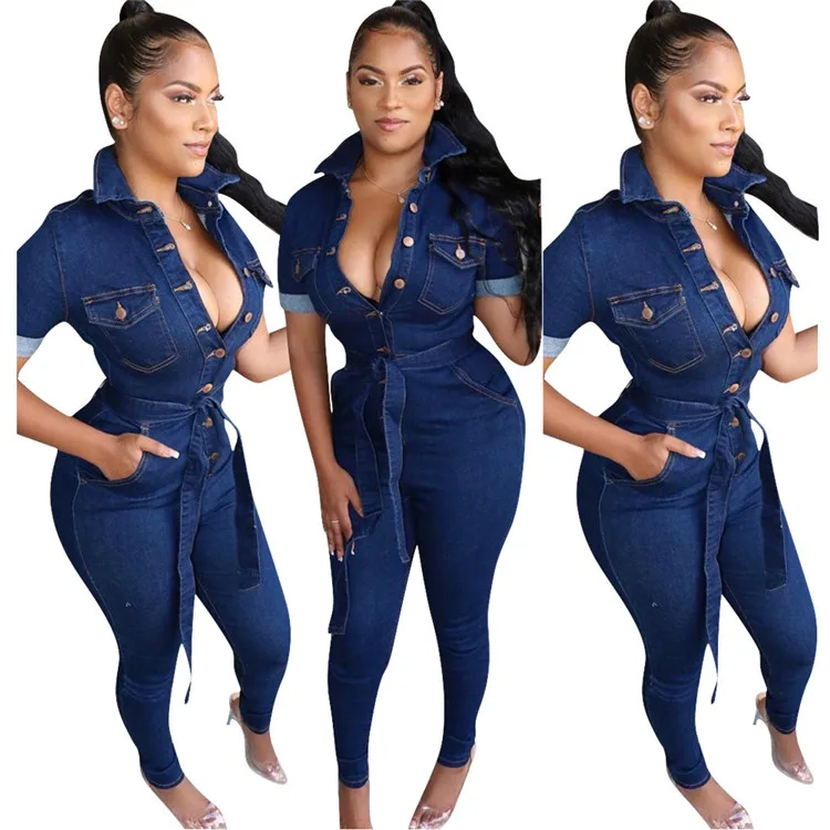 C3694 women autumn clothing stretch rompers lady's full length denim jumpsuit washed jeans for woman 2019 whole sale