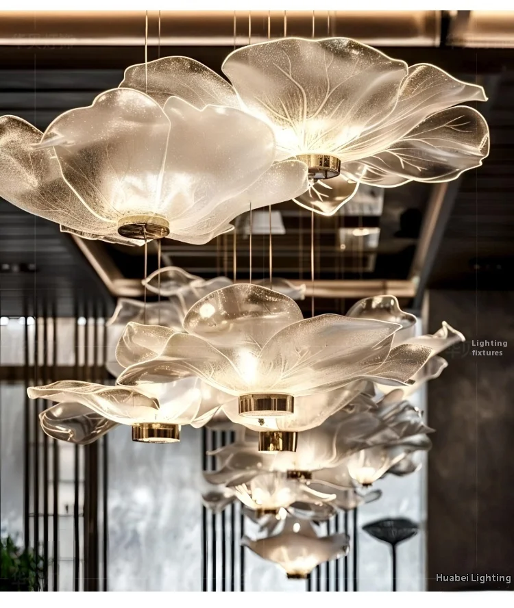 Chinese Style Duplex Stair Shape Flower Chandelier Hotel Dining Room Metal Villa Tea House Lotus Design for Living Room Middle manufacture