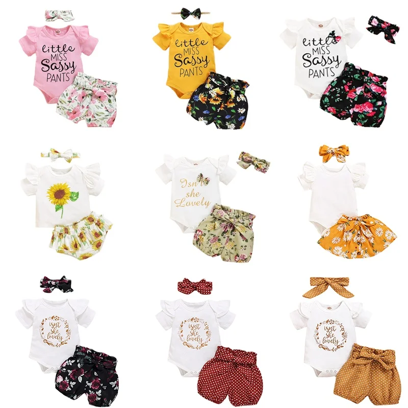 

0-2 years old can be customized 100% cotton printing newborn baby girls clothes clothing sets knitted baby romper