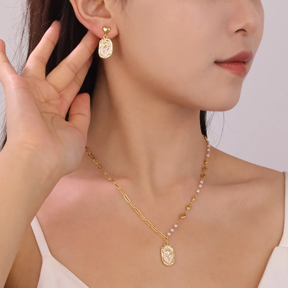 product gold plated  non fading flower earrings heart shaped chain style pearl collar chain womens fashion pendant necklace-5