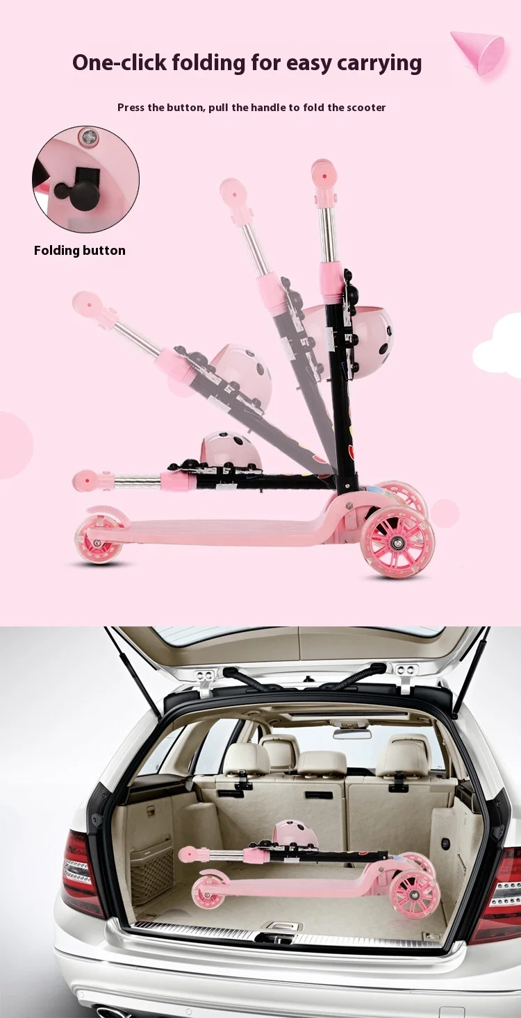 可调高度可乘坐婴儿学步车一键折叠儿童滑板车，适用于1至5岁单板，带三个轮子