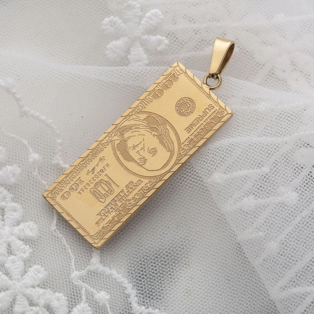 Hip Hop 100 Dollar Bill One Hundred Dollars Money Pendants 18K Gold Plated  Stainless Steel Jewelry Pendant