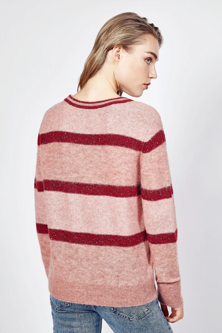 国欧针织圆领粉红色条纹女式羊绒毛衣