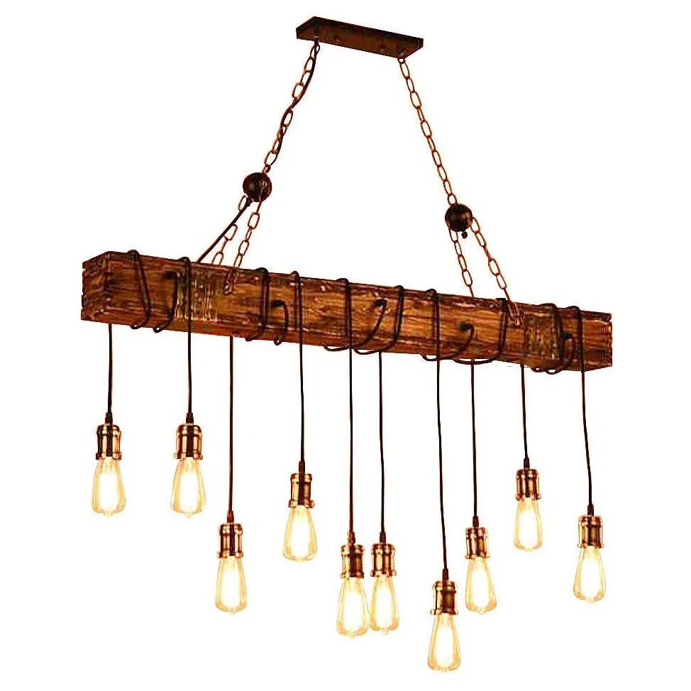 10-Lights Wooden Island Chandelier Retro Rustic Pendant Lighting Lamp