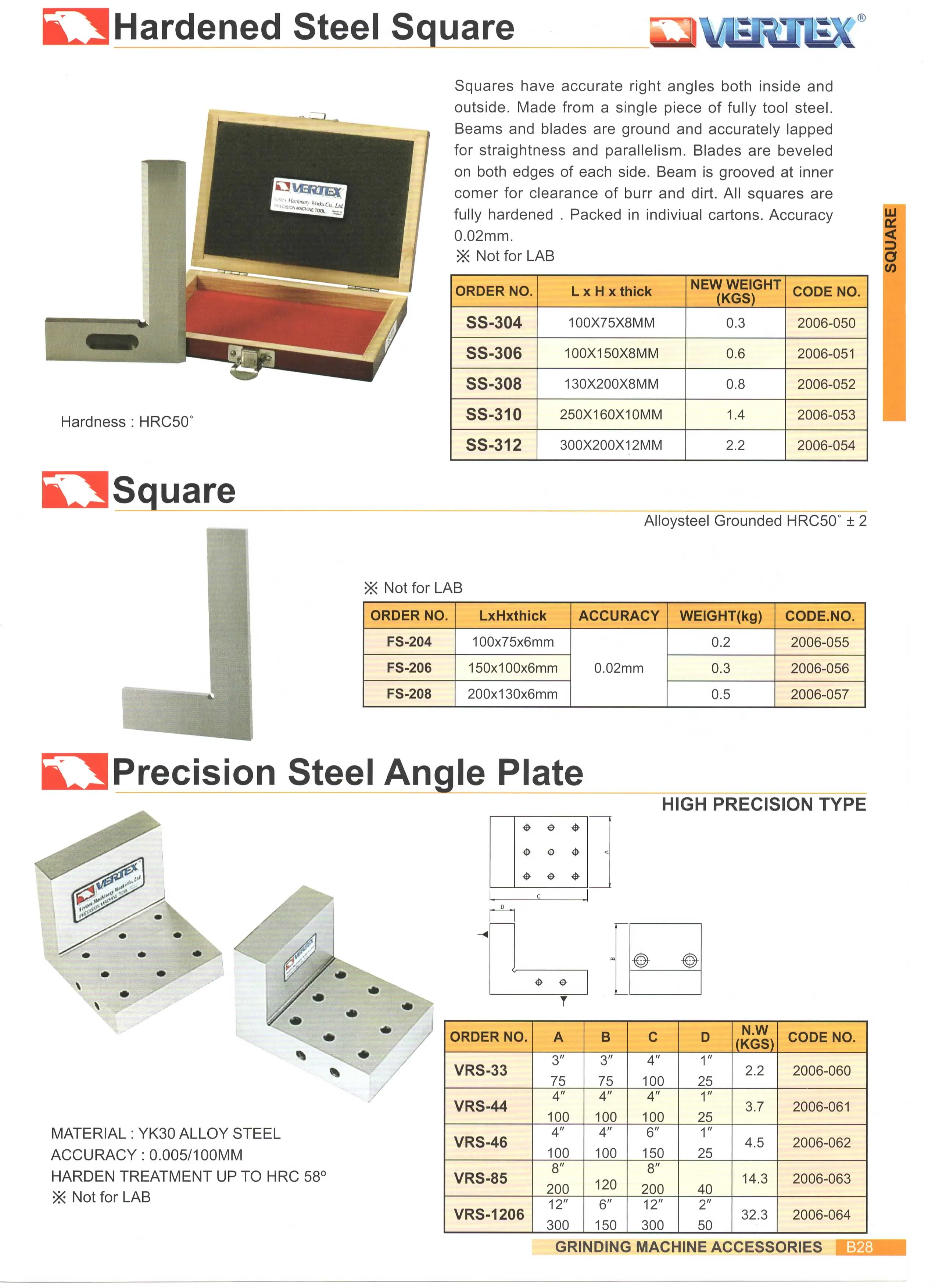 Taiwan Vertex Ss304/ss306/ss308/ss310/ss312 Hardened Steel Square