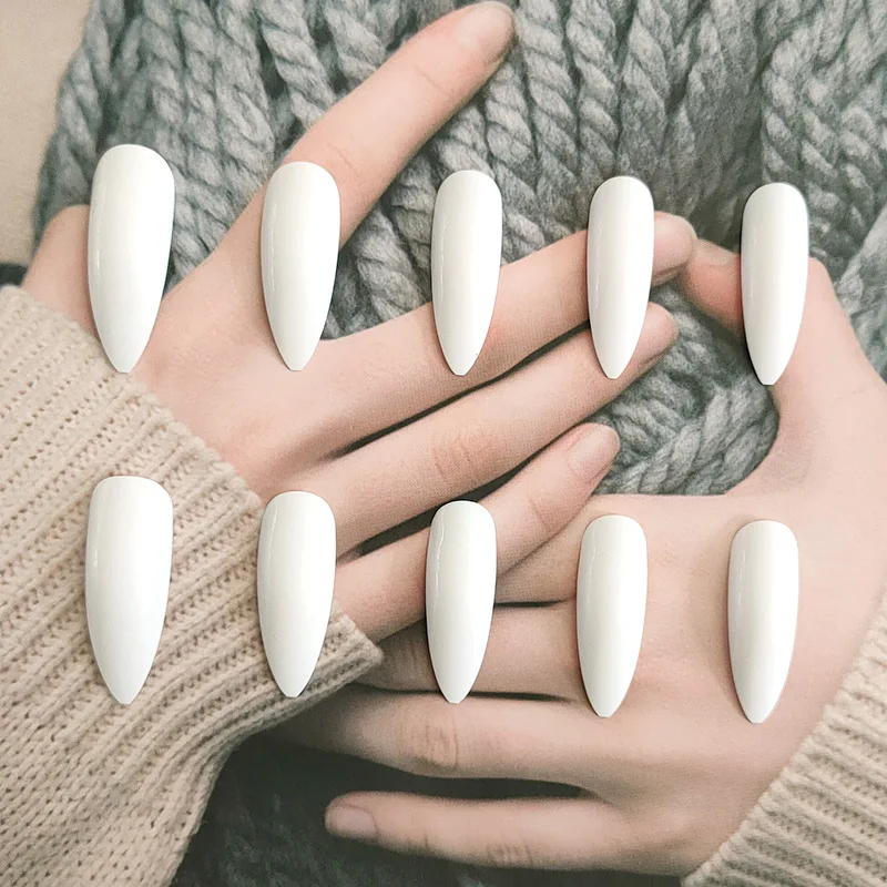 超长而尖的白色杏仁指甲油泪滴甲片超薄假指甲贴片成品