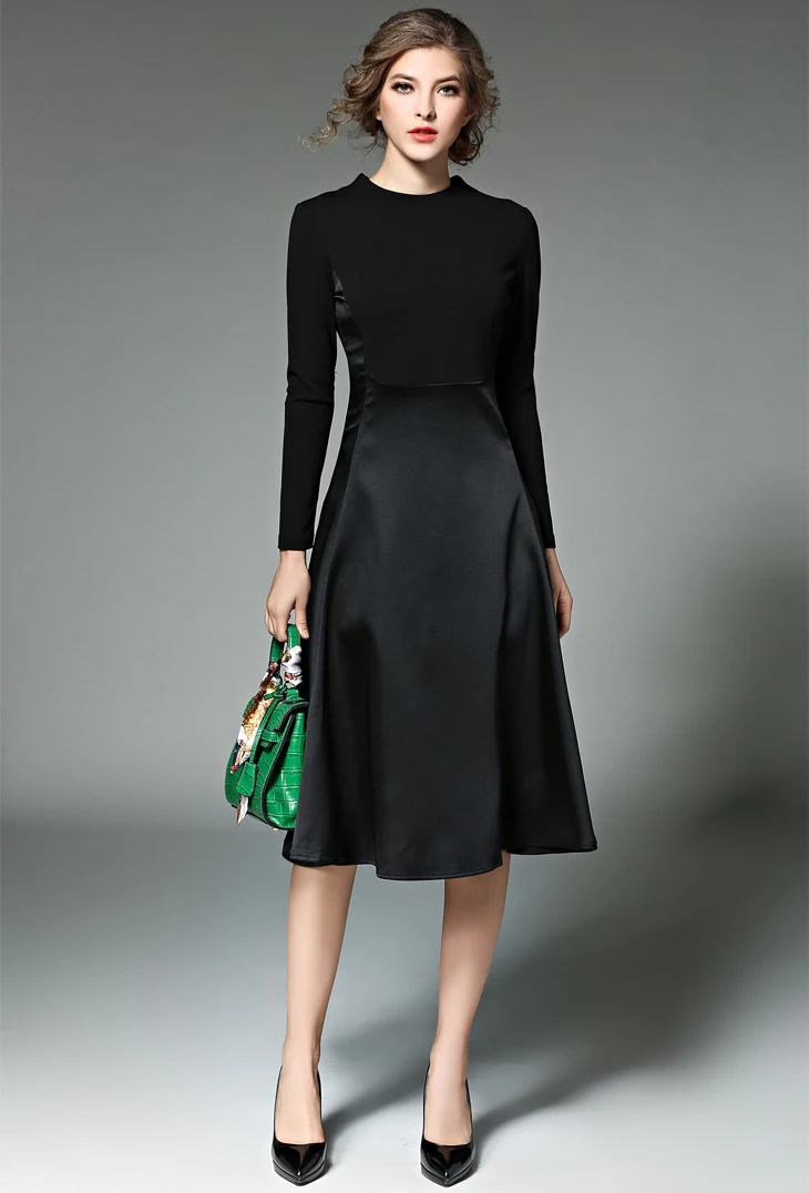 New Slim Dresses O-Neck Fashion Patchwork Mid Elegance Empire Full Sleeve Womens Clothing D9N201B