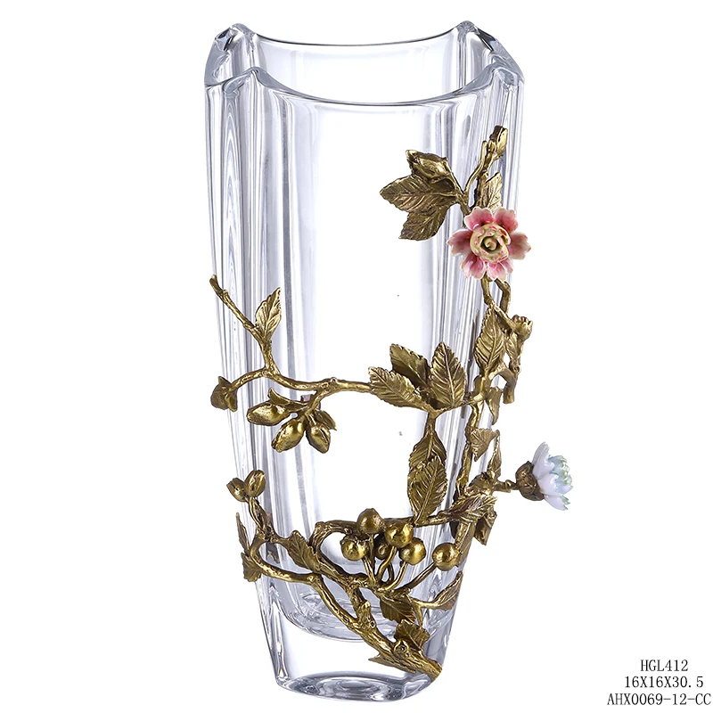 Royal Home Decorative Vase Luxury Brass With Crystal Glass Vase