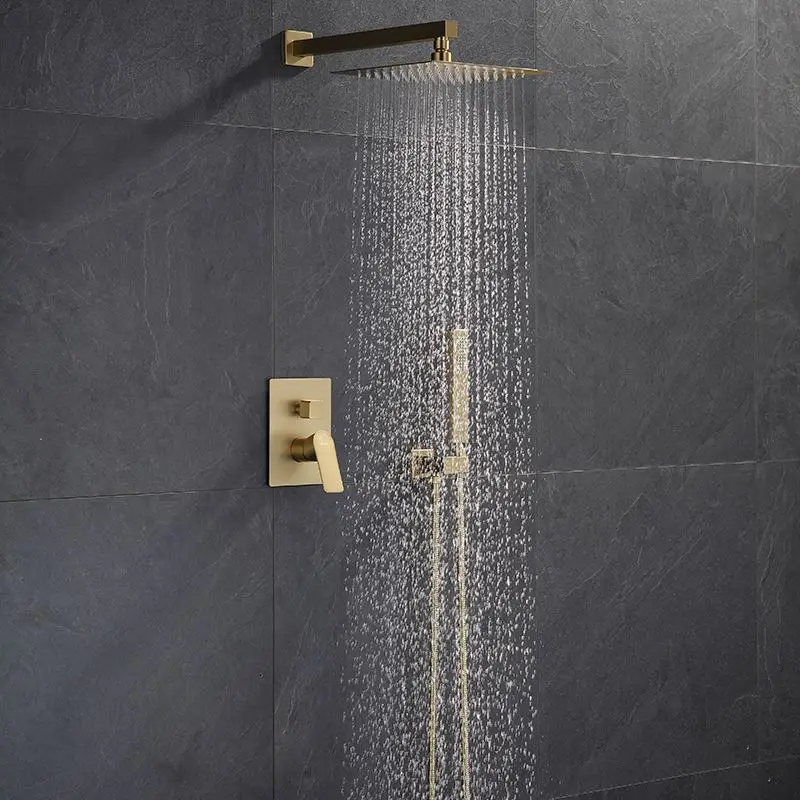 Antique Brushed Gold Brass Luxury Inwall Rain Bathroom Shower Combo