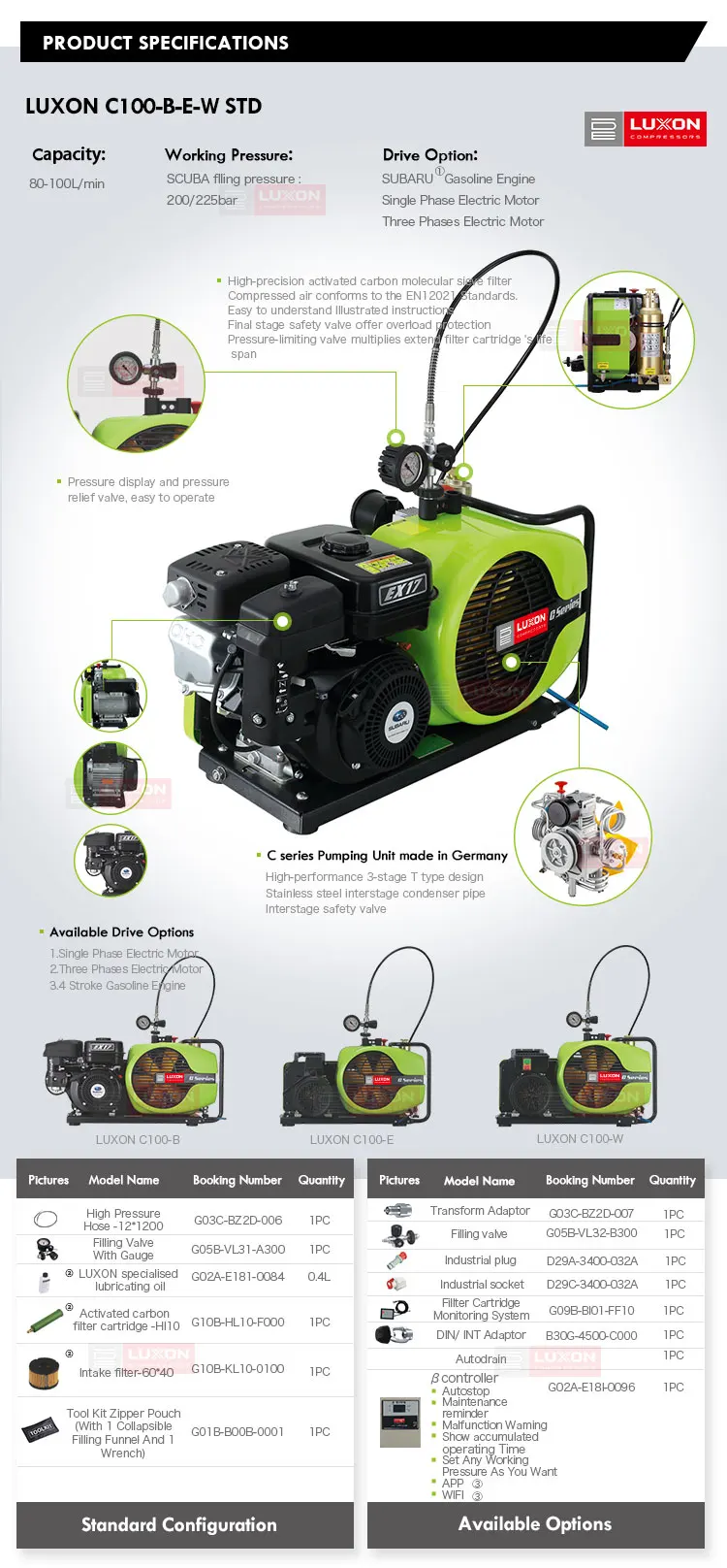 LUXON C100/EM STD portable high pressure breathing air compressor