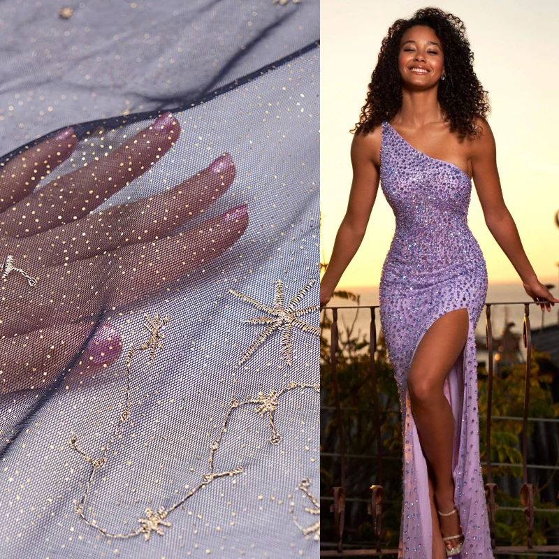 Wholesale luxury backdrop purple shiny net french tulle mesh embroidered beaded bridal sequin lace fabric for wedding dress