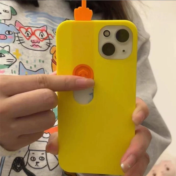 3D printed sliding middle finger iPhone case mounted on iPhone 15 Pro, showing side profile and finger extension