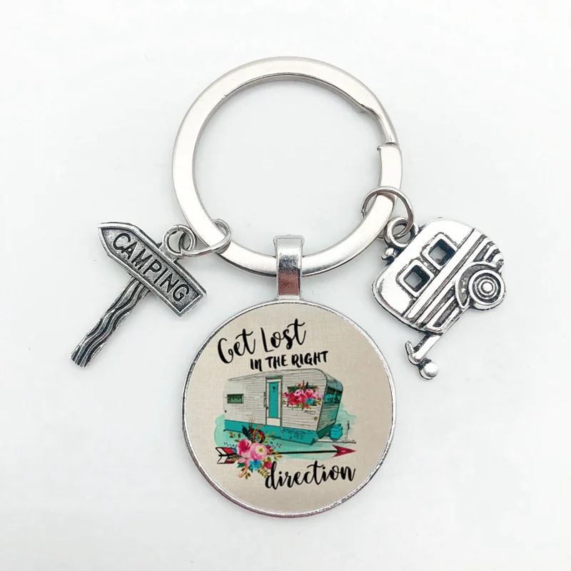 Trailer Wagon Camper Camping Sign Pine Cones Silver Keychain Gift Key Chain Gift
