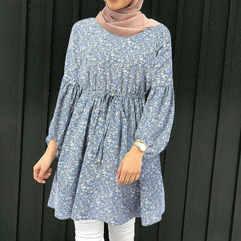 Women's Muslim Casual Pleated Blouses Floral Print Long Sleeve