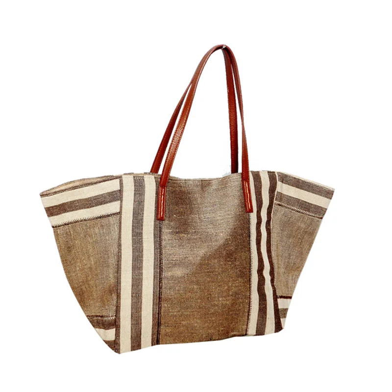时尚条纹黄麻手提袋和棉质材料女士购物手袋 - buy 黄麻袋,棉布袋