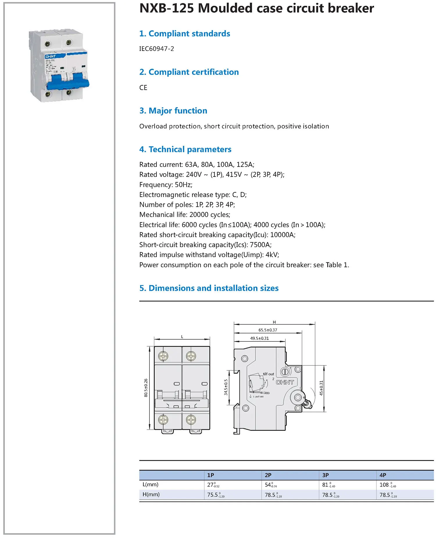 Chint original NXB-125 MCB 1P 2P 3P 4P 80A 100A 125A 1Pole 2Pole 3Pole 4Pole C80 C100 C125 D80 D100 D125 CHNT Circuit Breaker